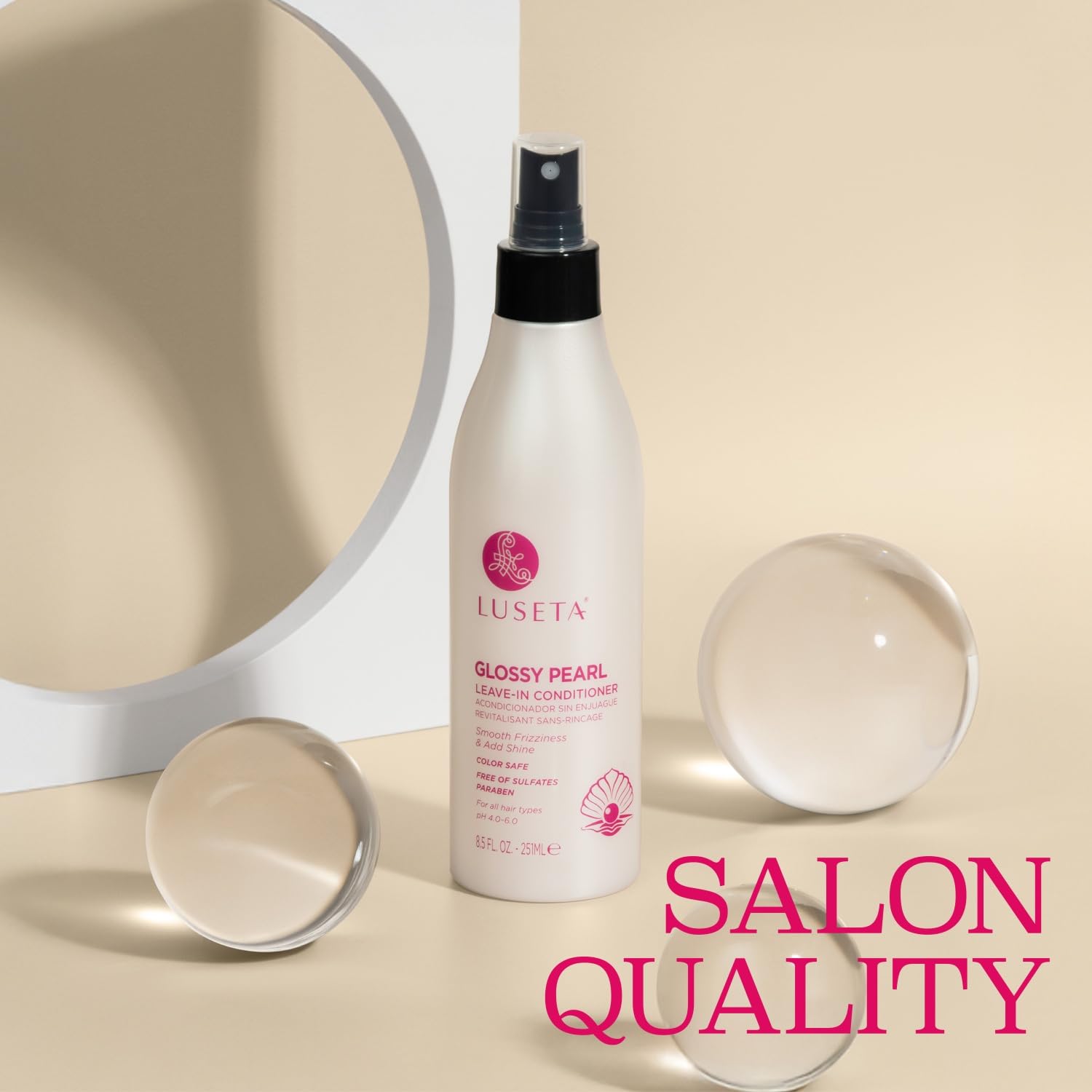 Luseta Glossy Pearl Leave-In Conditioner dispenser image shows easy application.