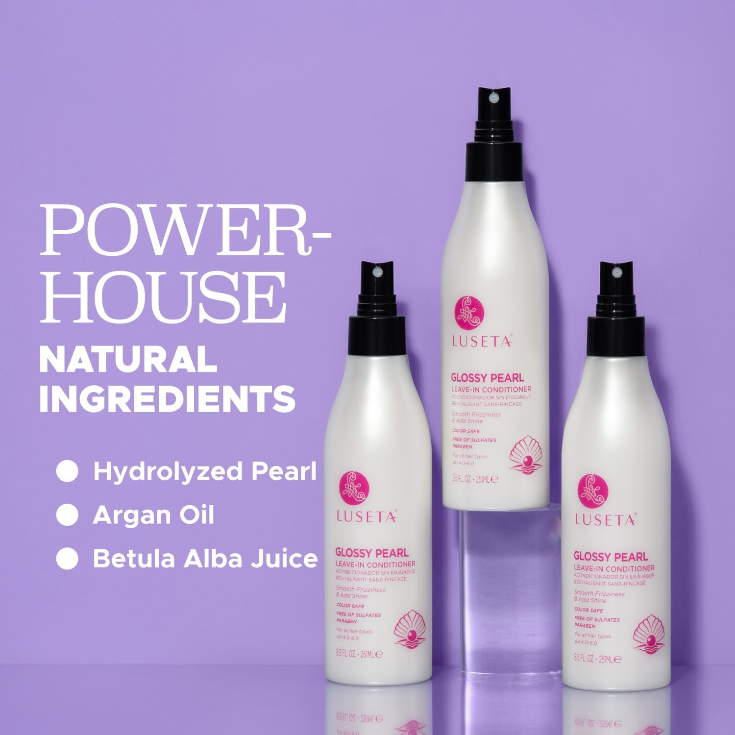 Luseta Glossy Pearl Leave-In Conditioner pearl extract highlights radiant shine.
