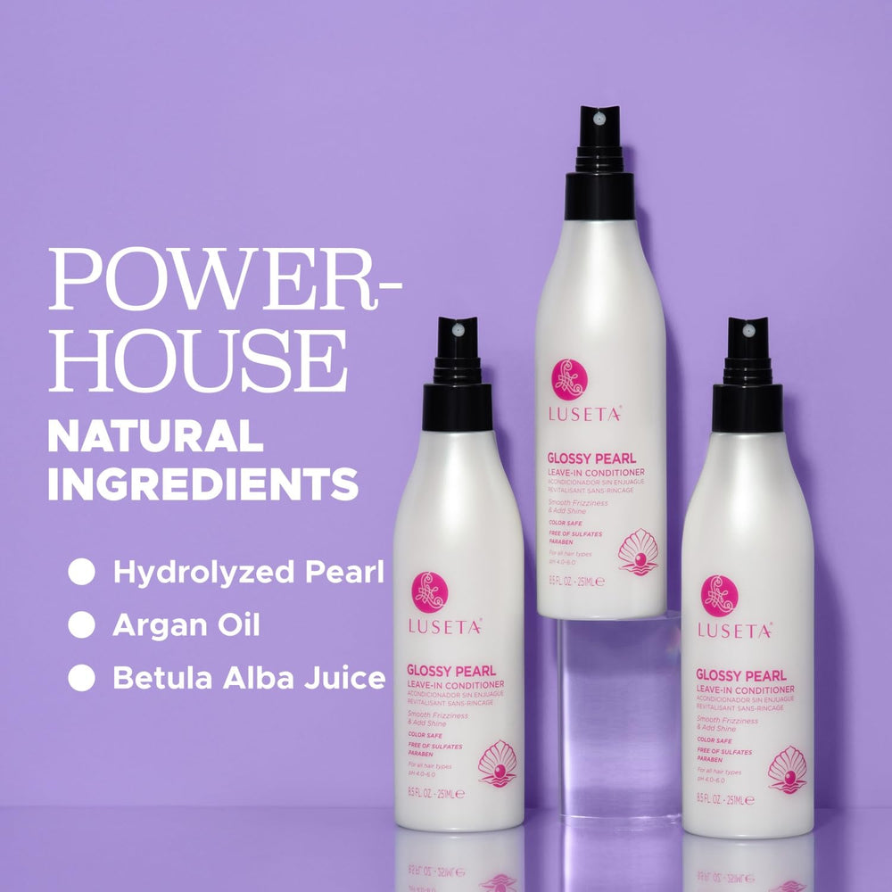 Luseta Glossy Pearl Leave-In Conditioner pearl extract highlights radiant shine.