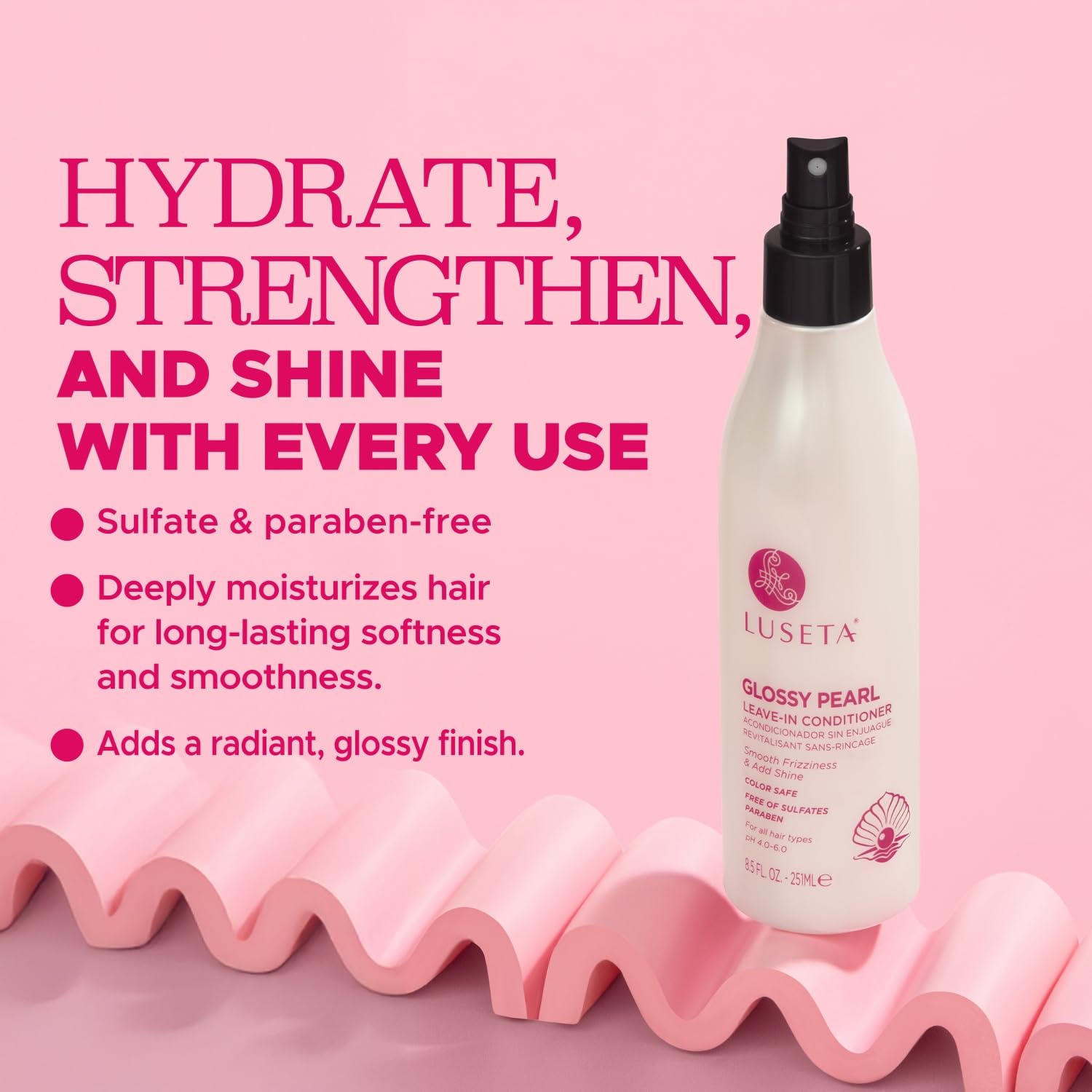 Luseta Glossy Pearl Leave-In Conditioner pump enables quick, even application.