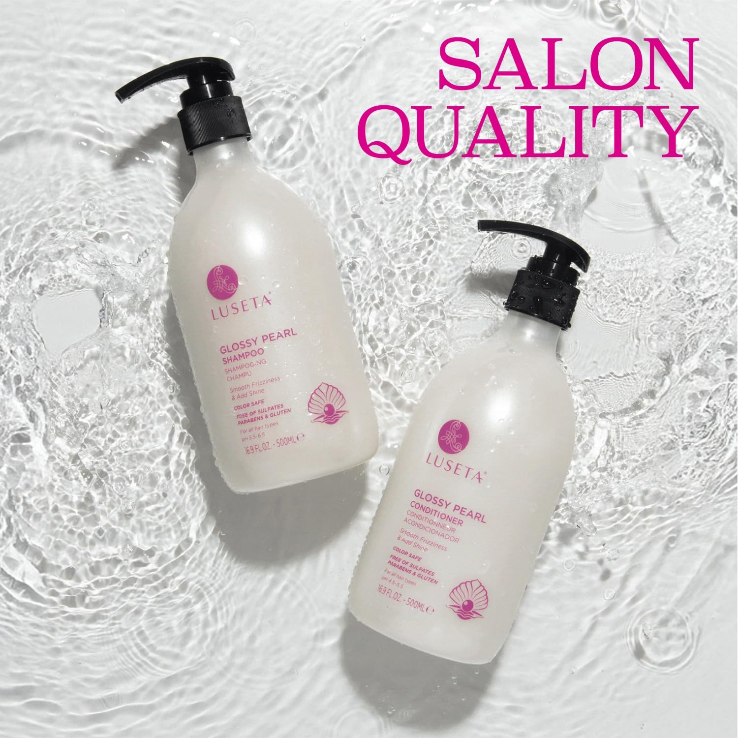 Luseta Glossy Pearl shampoo and conditioner packaging shows pearl-infused care for damaged hair