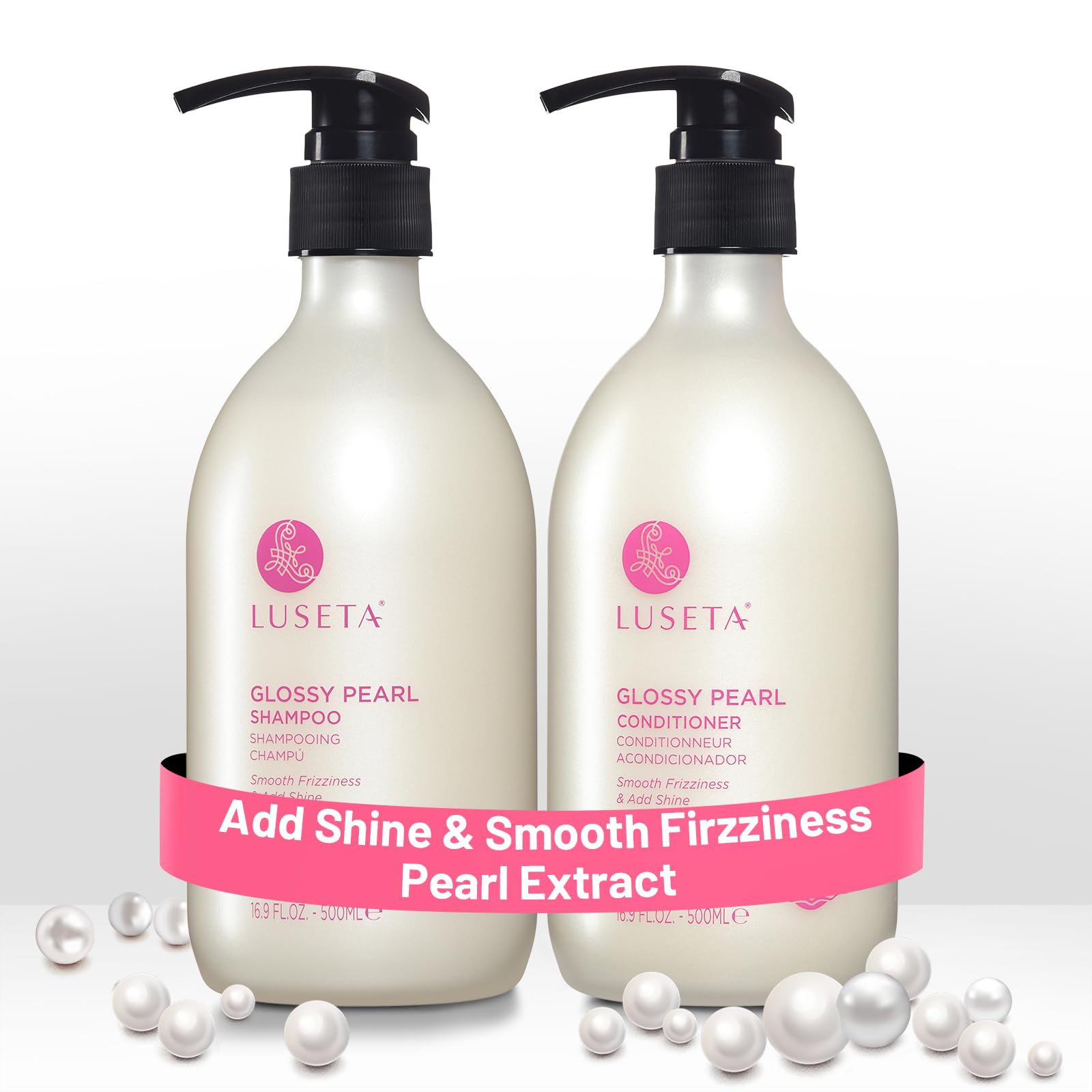Luseta Glossy Pearl shampoo bottle shows anti-frizz hydration for silky, tangle-free hair