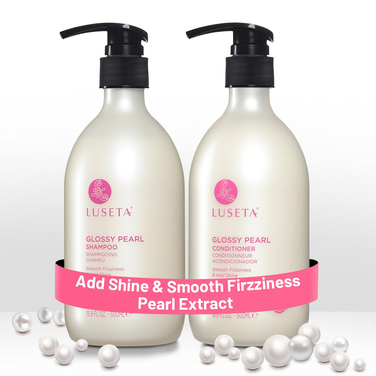 Luseta Glossy Pearl shampoo bottle shows anti-frizz hydration for silky, tangle-free hair