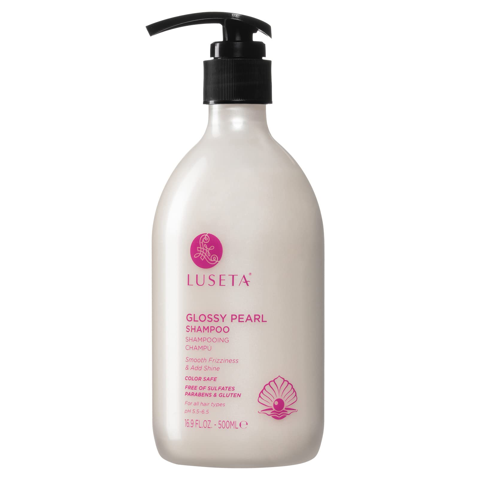 Luseta Glossy Pearl Shampoo bottle showing smoothing and shine.