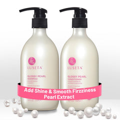 Luseta Glossy Pearl shampoo bottle shows anti-frizz hydration for silky, tangle-free hair