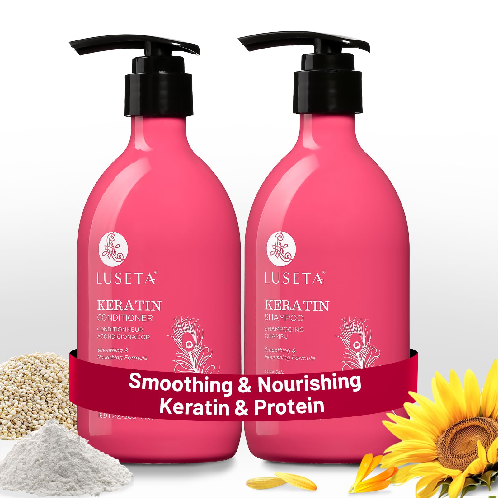 Luseta Keratin Shampoo bottle closeup highlighting color-safe cleansing and shine.
