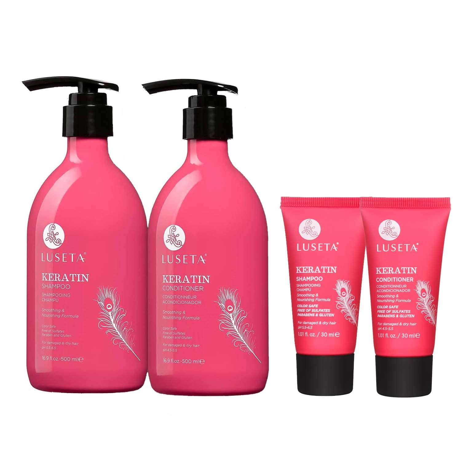 Luseta Keratin Shampoo bottle—smoothing formula for color-treated hair and shine