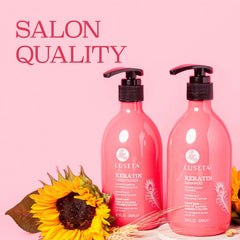 Luseta Keratin Shampoo pump bottle closeup, easy daily use and sulfate-free cleansing.