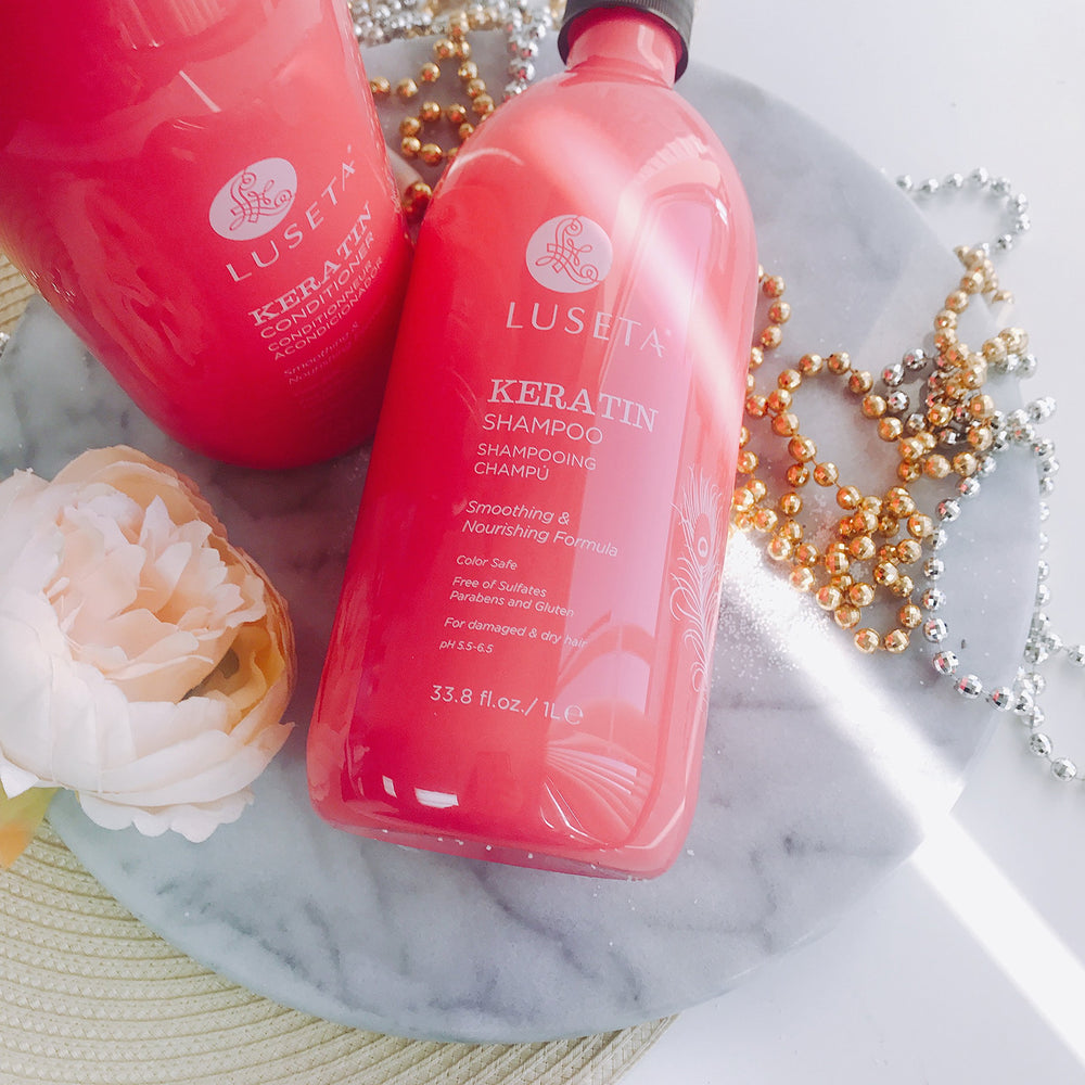 Luseta Keratin Smooth bottle pour shows controlled dispensing for easy use.