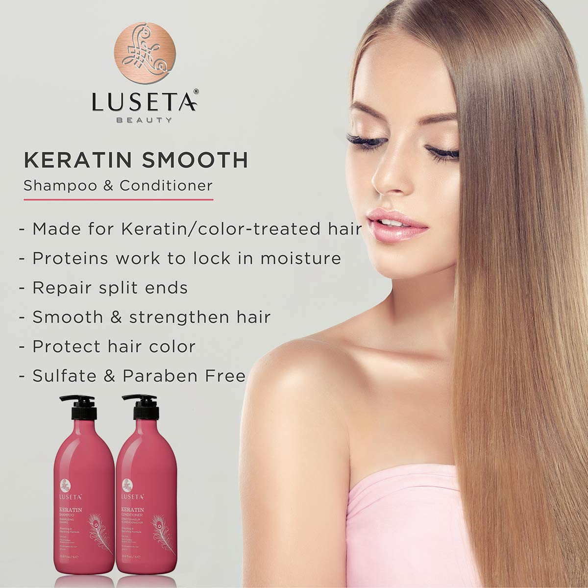Luseta Keratin Smooth Conditioner bottle highlights hydrating formula for frizz control.