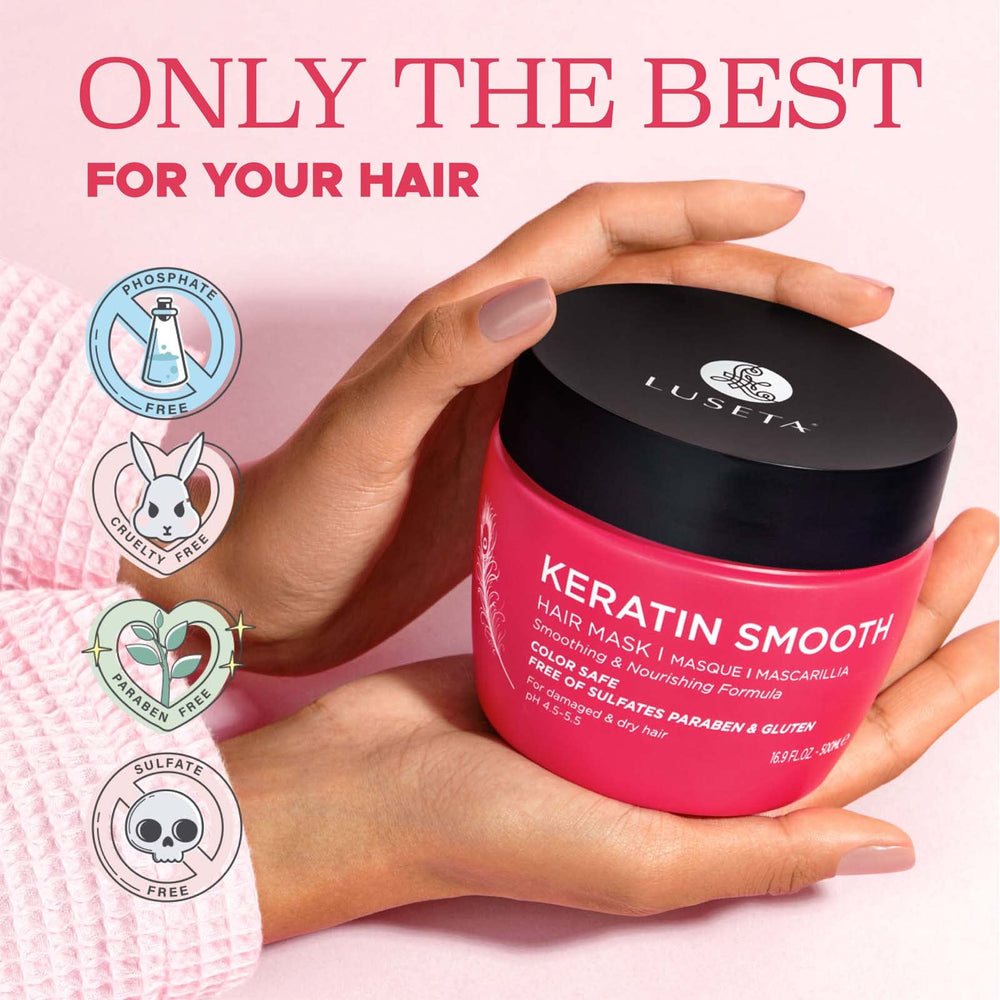 Luseta Keratin Smooth Hair Mask damp hair closeup shows silky conditioning.