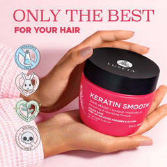 Luseta Keratin Smooth Hair Mask damp hair closeup shows silky conditioning.