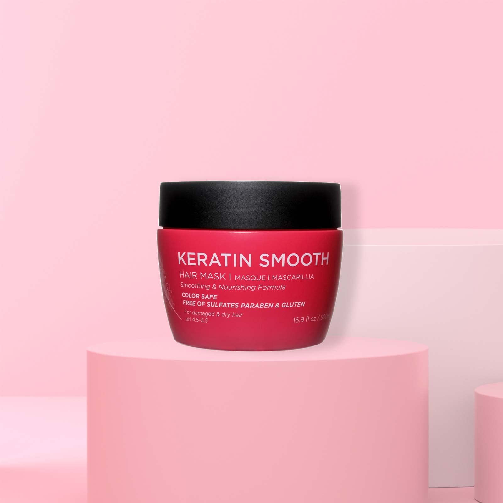 Luseta Keratin Smooth Hair Mask jar back reveals packaging and color-safe, sulfate-free features.