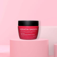 Luseta Keratin Smooth Hair Mask jar back reveals packaging and color-safe, sulfate-free features.