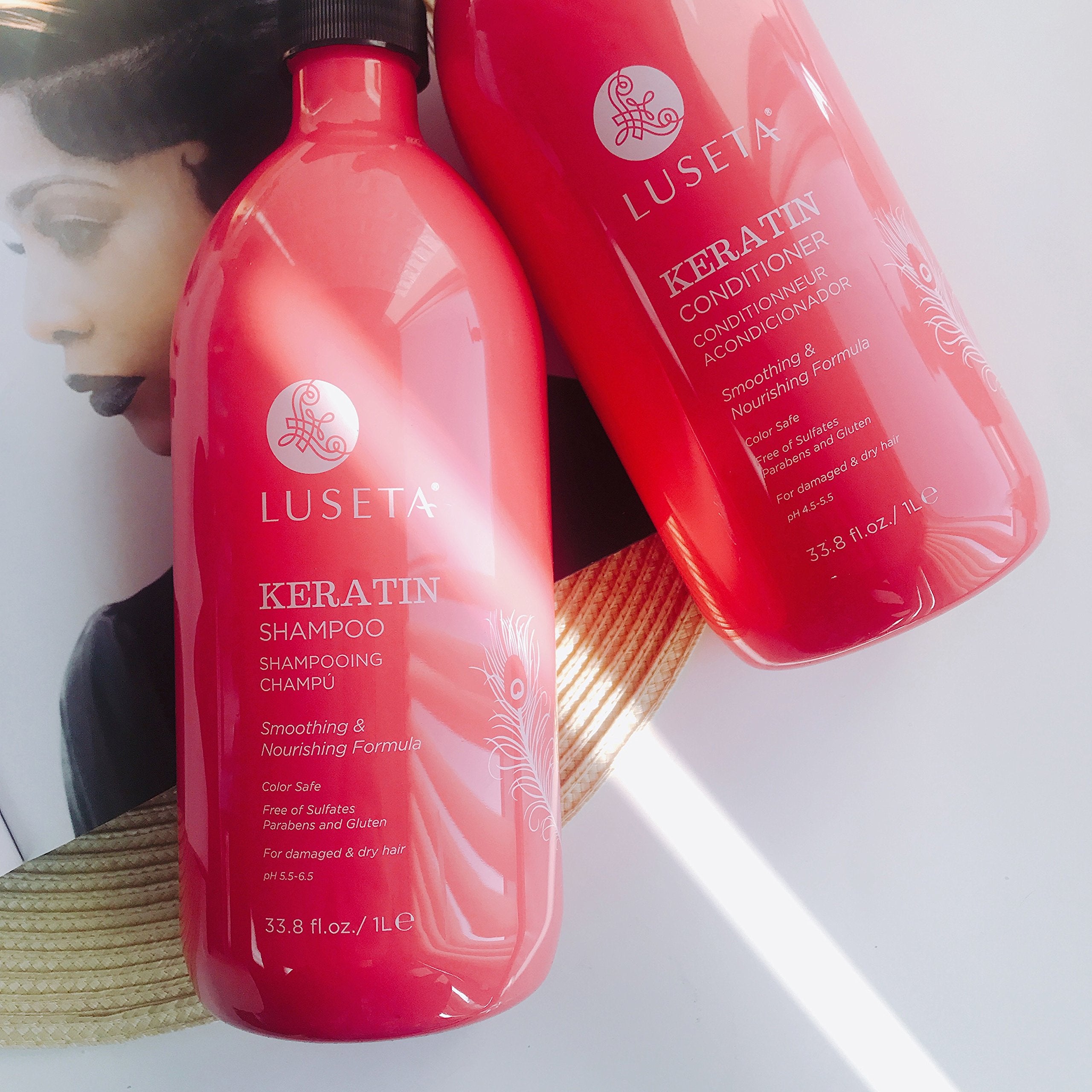 Luseta Keratin Smooth flat lay with ingredients highlights keratin-rich nourishment.