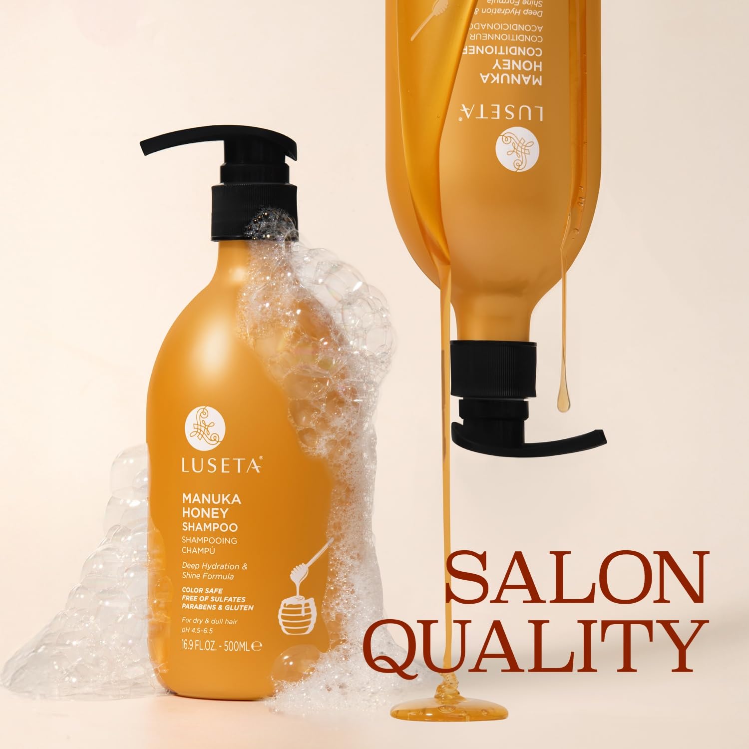 Luseta Manuka Honey conditioner bottle pours, locking in moisture for smooth strands