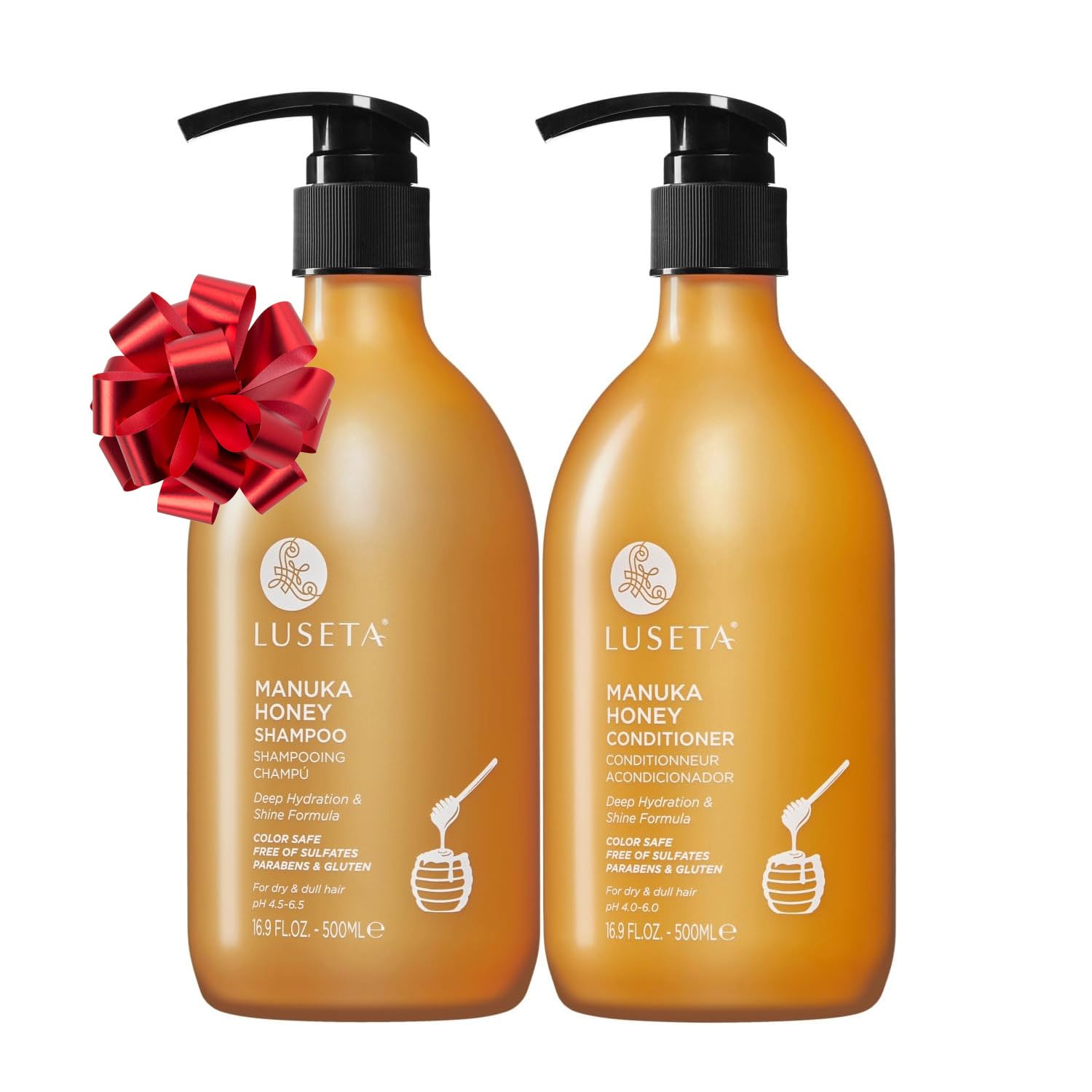 Luseta Manuka Honey shampoo bottle pours with hydrating cleansing for dry hair