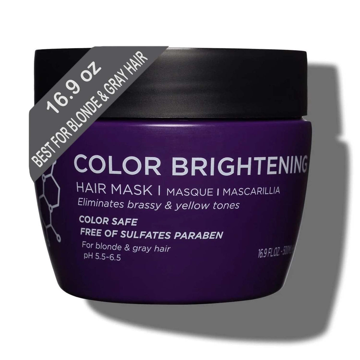 Luseta Purple Hair Mask bottle closeup showing color-brightening care for blond and gray hair
