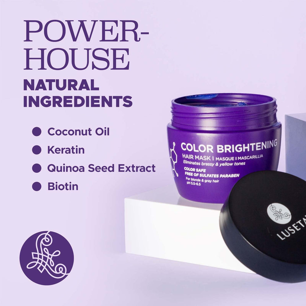 Luseta Purple Hair Mask on gray hair demonstrating smoothing and tone maintenance