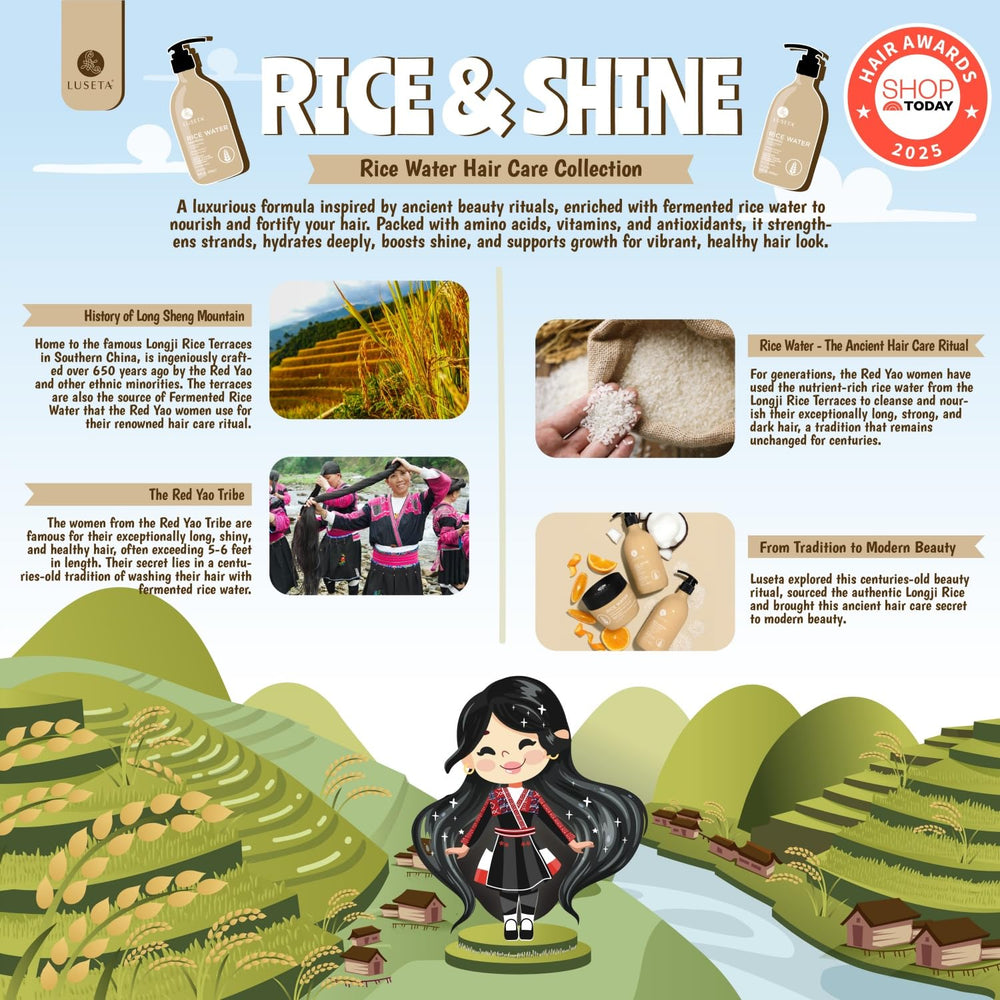 Luseta rice water conditioner bottle delivering hydration and frizz control.