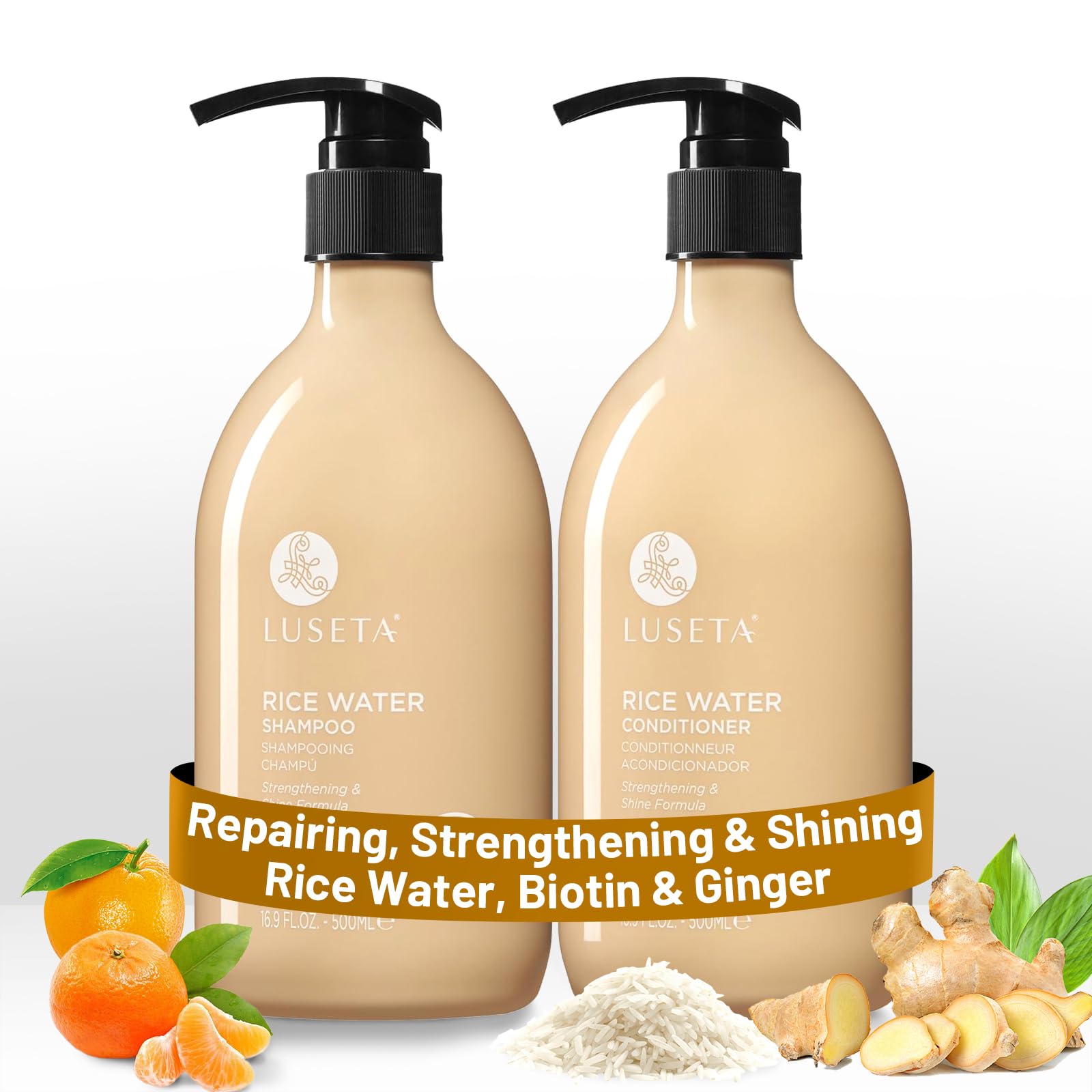 Luseta rice water shampoo bottle showing gentle cleansing for all hair types.