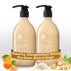 Luseta rice water shampoo bottle showing gentle cleansing for all hair types.