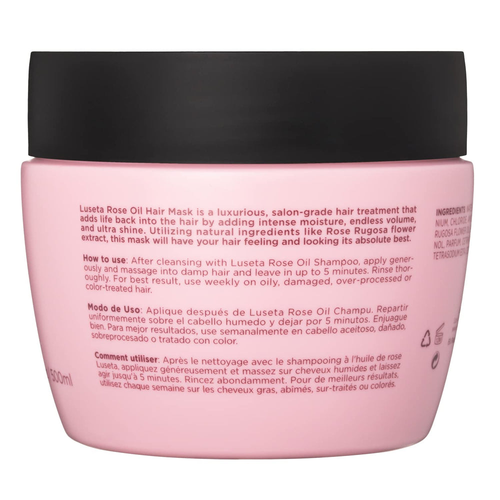 Luseta rose oil hair mask dry-hair closeup suggesting fuller, healthier appearance