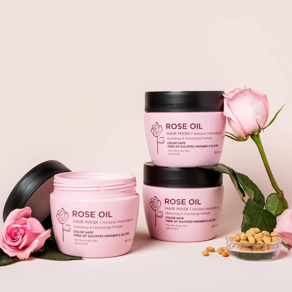 Luseta rose oil hair mask packaging highlights sulfate-free and paraben-free formula