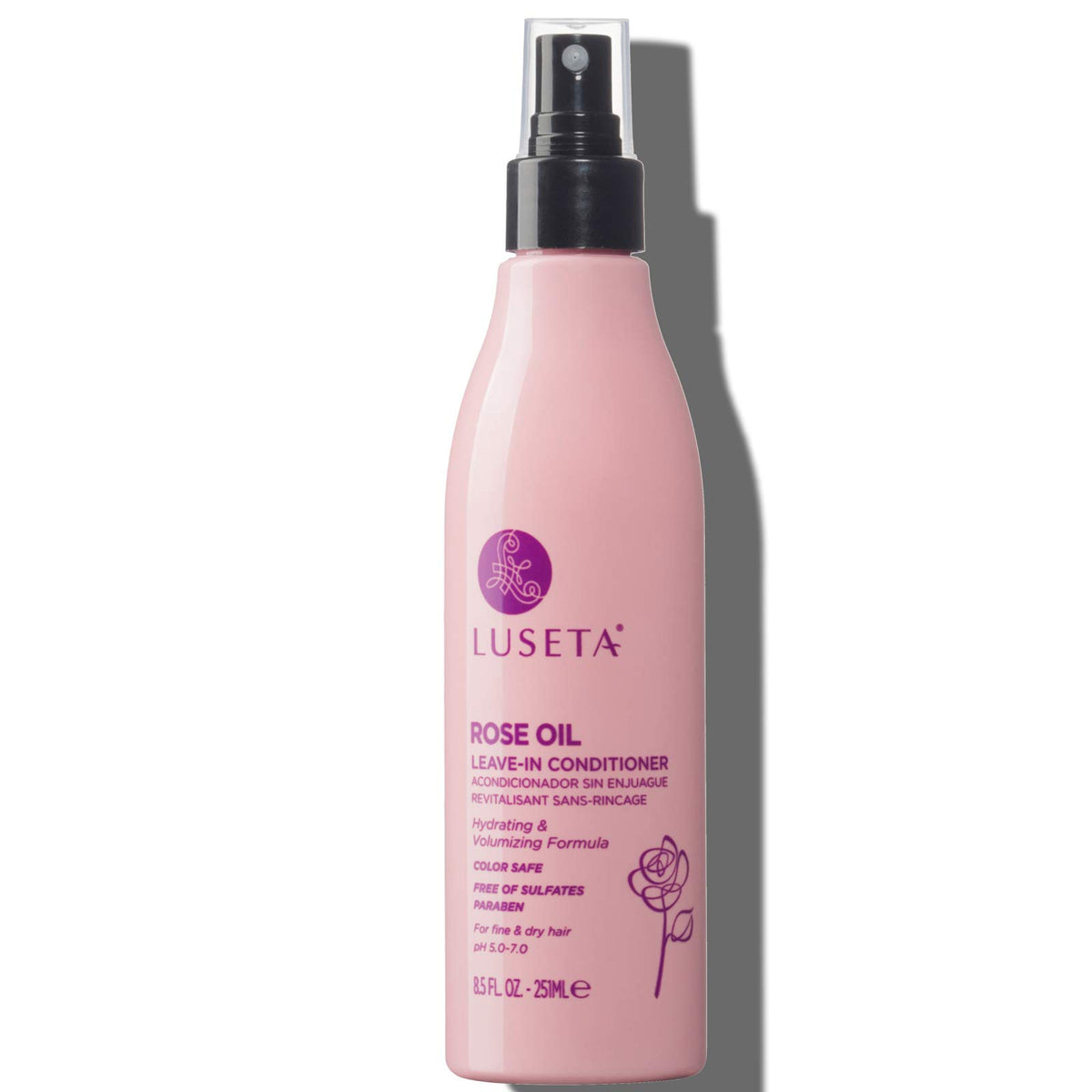 Luseta rose oil leave-in conditioner bottle promotes hydration for fine and dry hair
