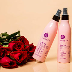 Luseta rose oil leave-in conditioner hair close-up reveals shiny, hydrated strands