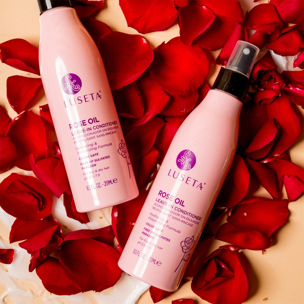 Luseta rose oil leave-in conditioner ingredients list shown, emphasizing natural formula