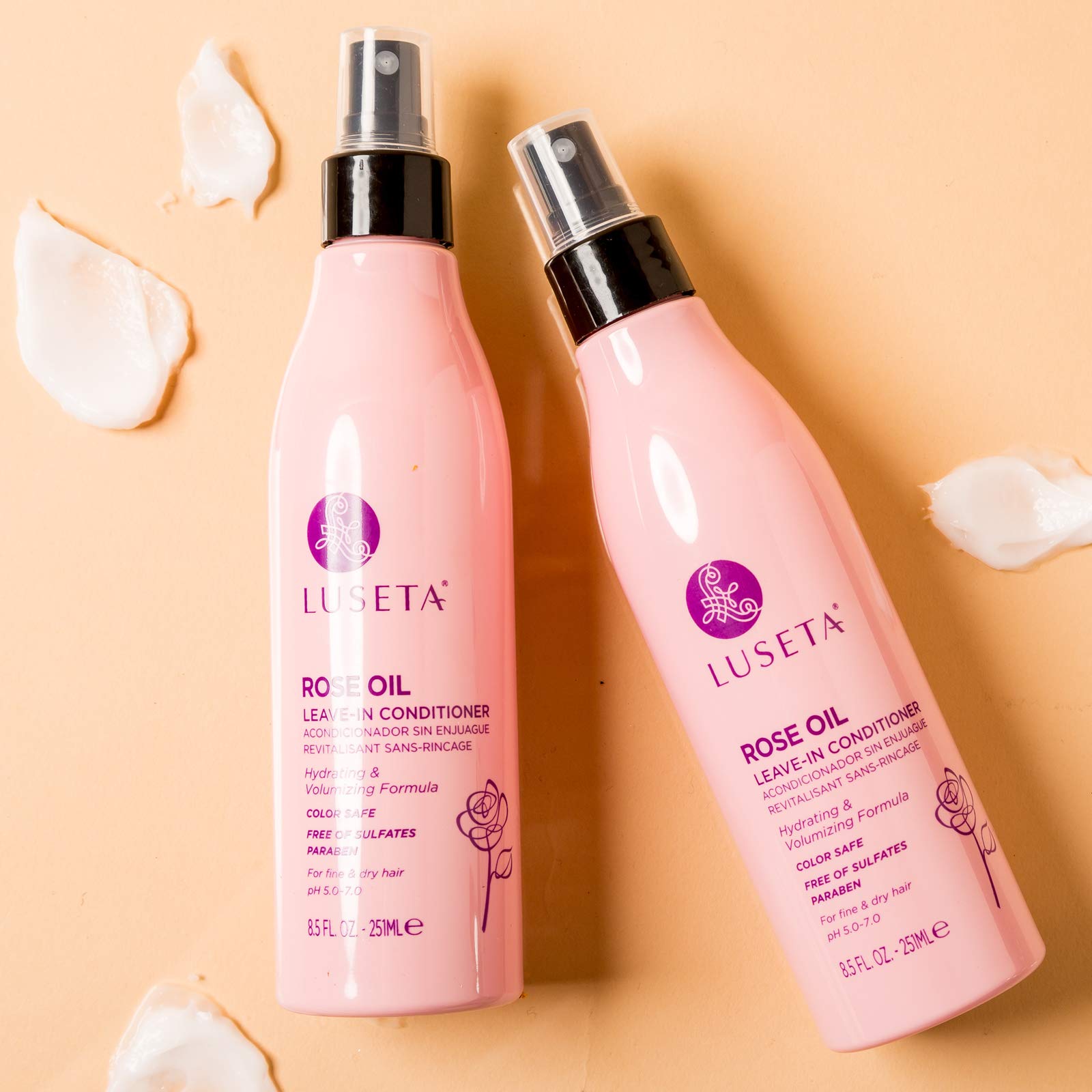 Luseta rose oil leave-in conditioner packaging highlights sulfate-free formula