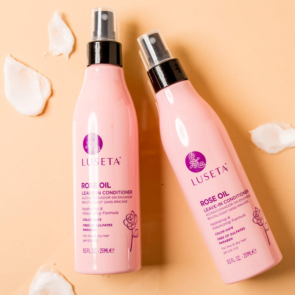 Luseta rose oil leave-in conditioner packaging highlights sulfate-free formula