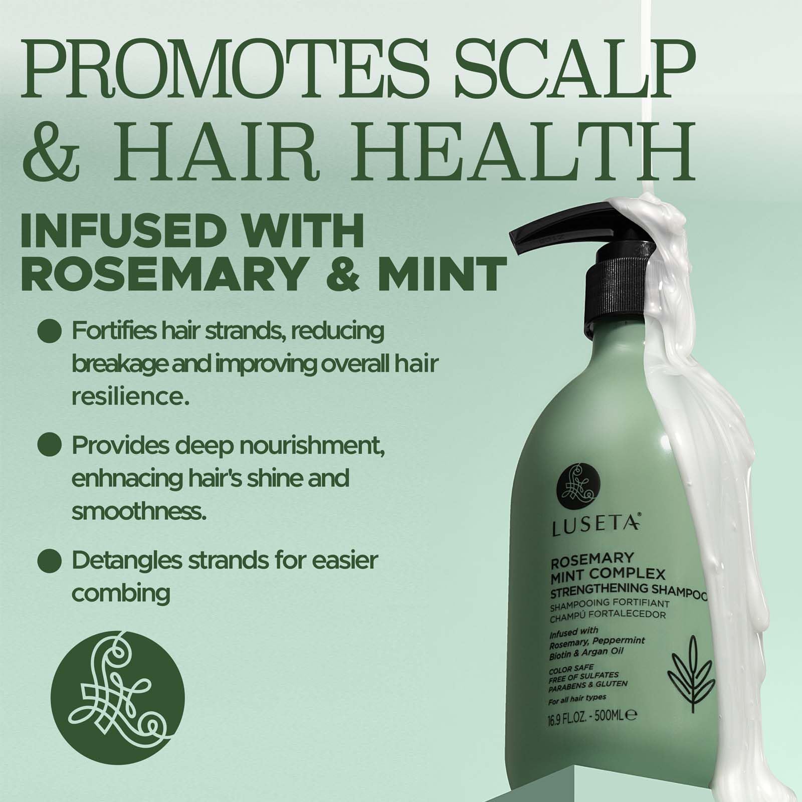 L LUSETA Rosemary Mint ingredients close-up features rosemary and argan oil for scalp care.