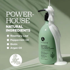 L LUSETA Rosemary Mint shampoo on bathroom shelf emphasizes frizz control and detangling.