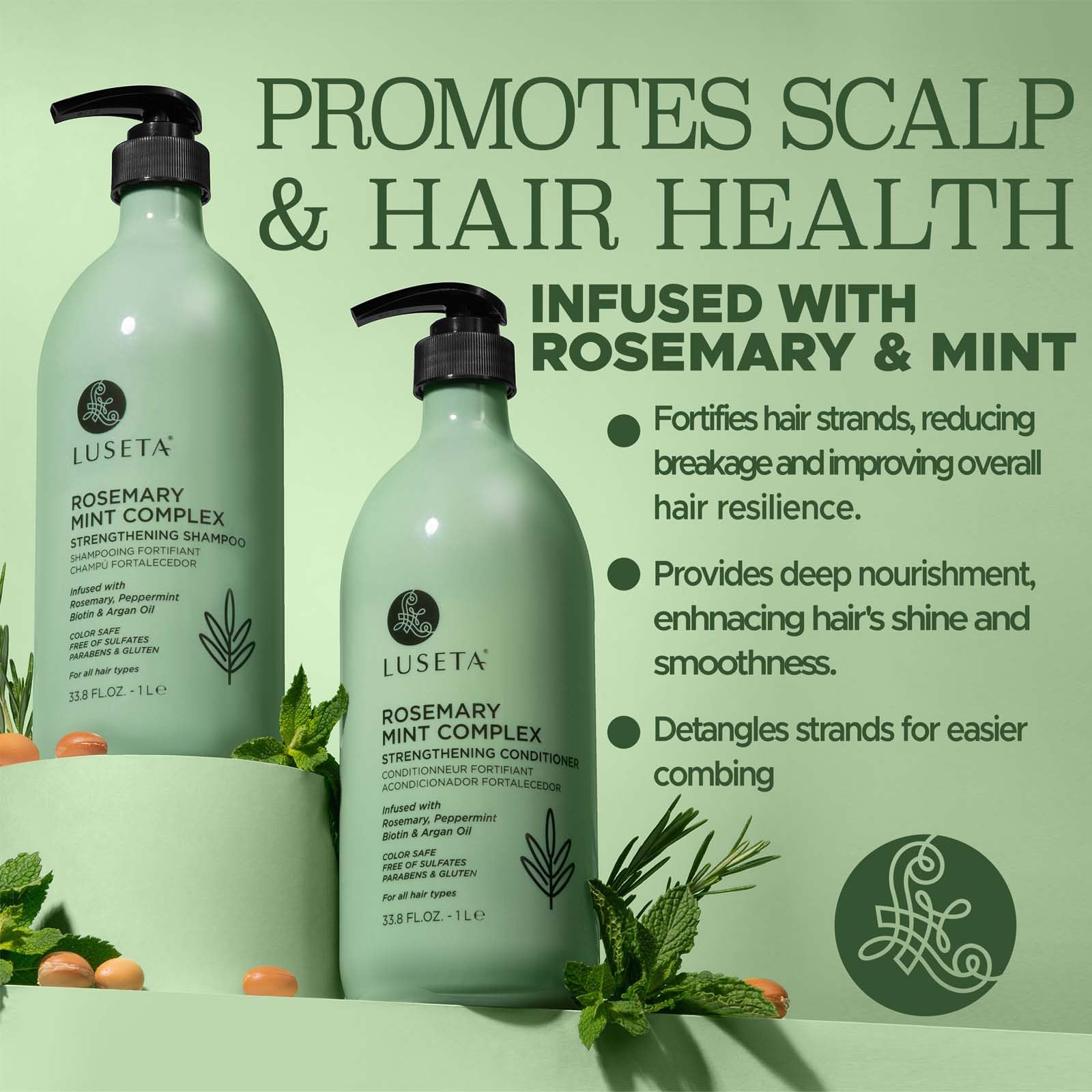 Luseta Rosemary Mint Strengthening Conditioner bottle emphasizes detangling and shine