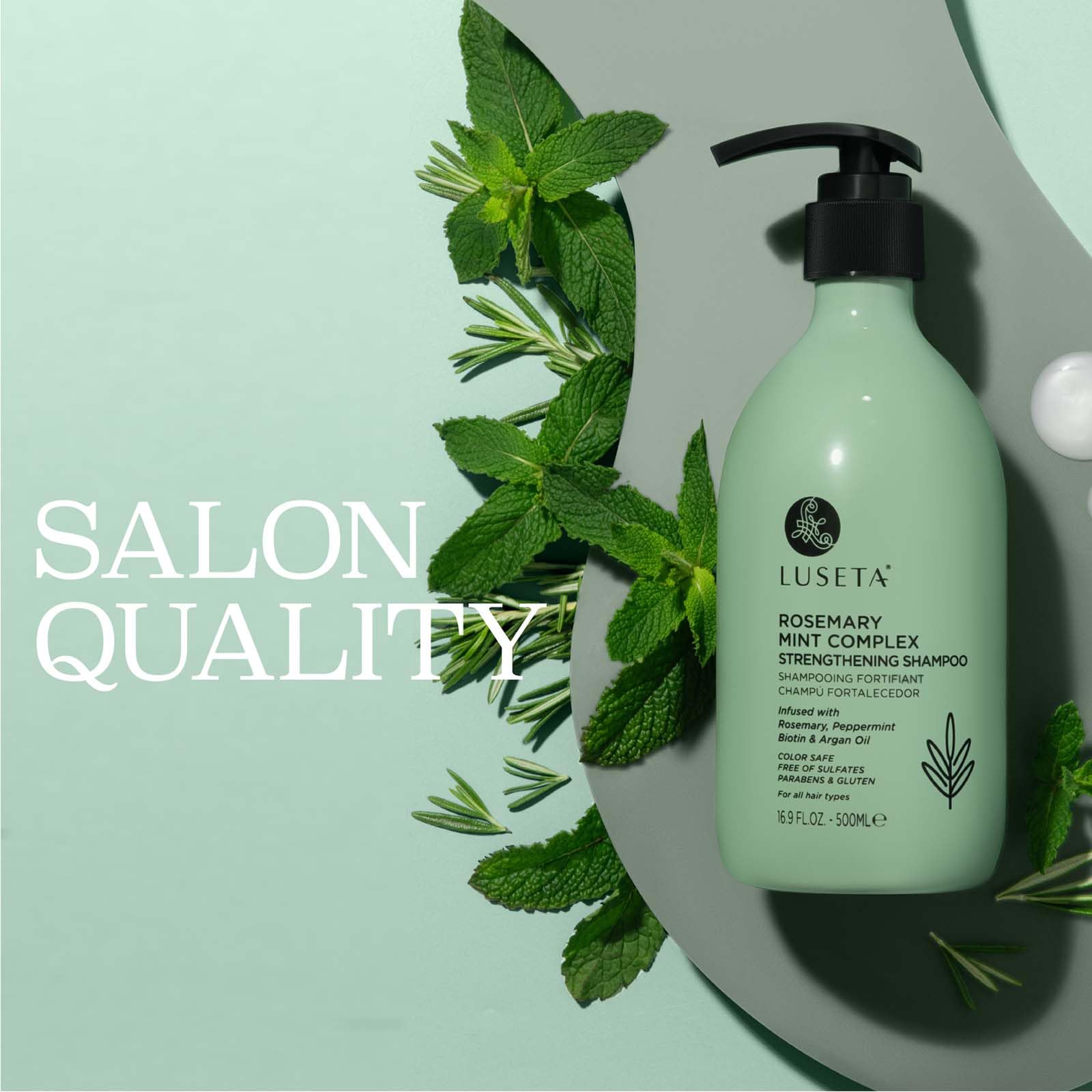 L LUSETA Rosemary Mint shampoo lather showing creamy texture for nourishment and smoothness.