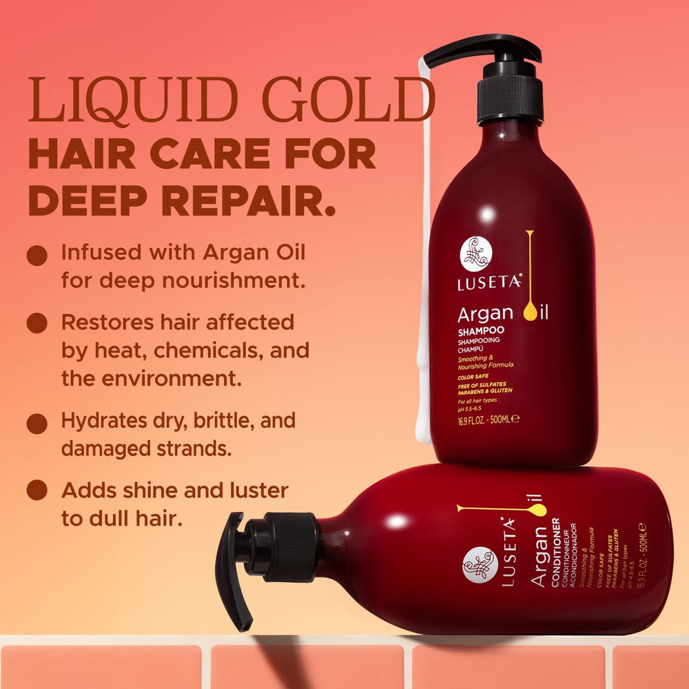 Luseta Argan Oil Shampoo pouring into hand for daily cleansing