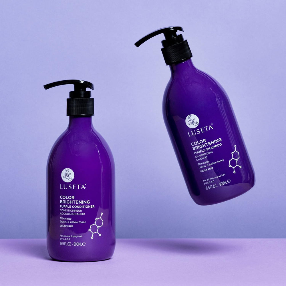Luseta purple shampoo being poured demonstrates gentle cleansing for color-treated hair.