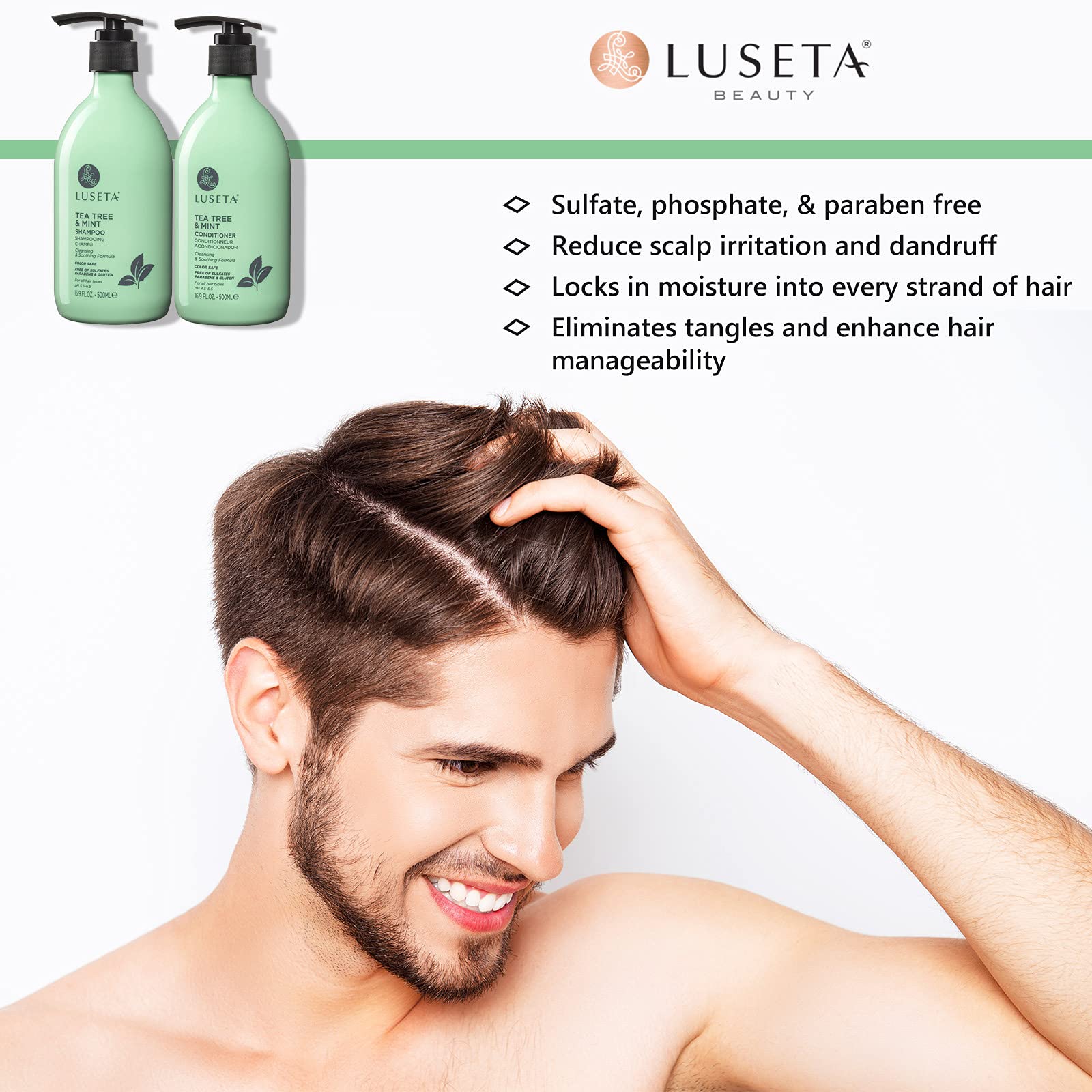 Luseta Tea Tree & Mint Shampoo ingredients with tea tree oil for soothing scalp benefits.