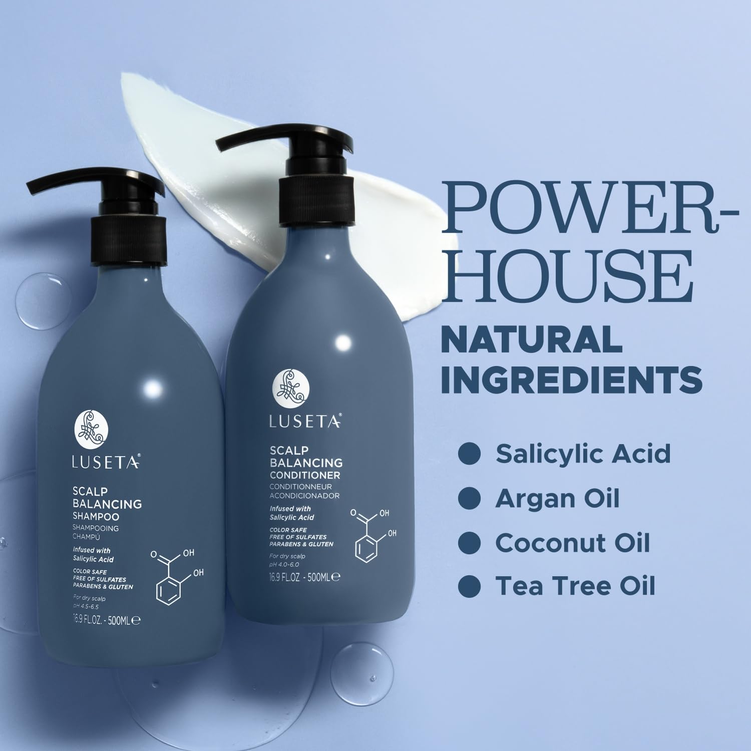 Luseta Tea Tree Oil visual with droplets suggesting scalp balance and fresh feel.