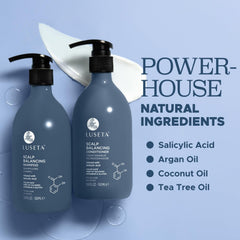 Luseta Tea Tree Oil visual with droplets suggesting scalp balance and fresh feel.