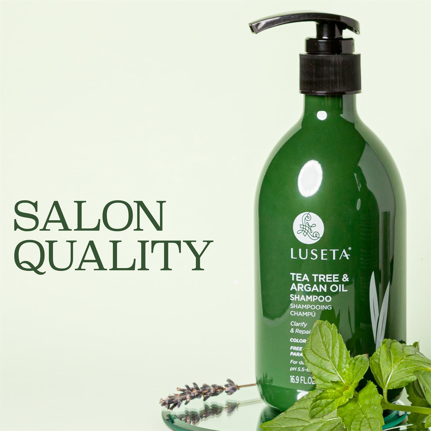 Luseta Tea Tree Shampoo back label notes sulfate- and paraben-free formula