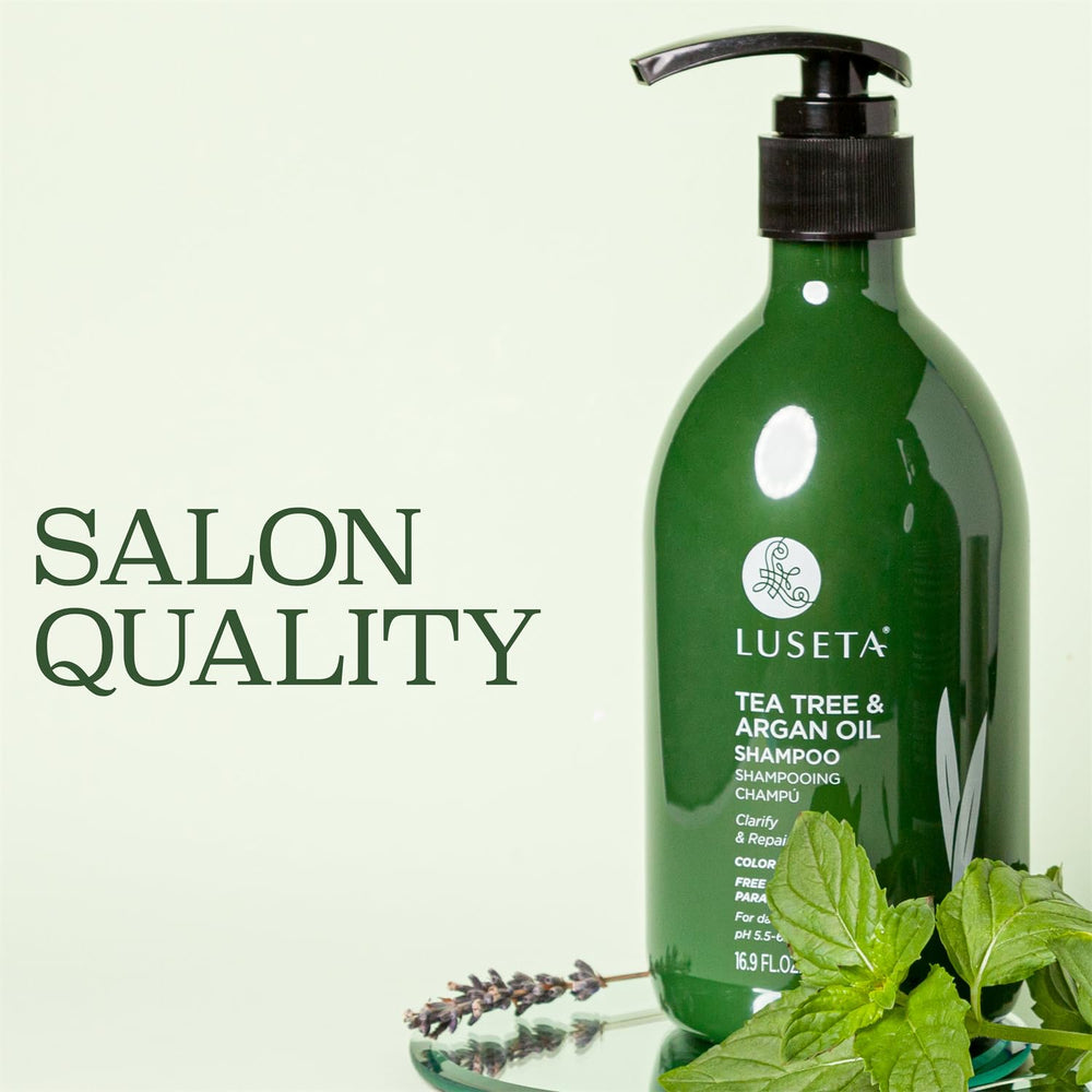 Luseta Tea Tree Shampoo back label notes sulfate- and paraben-free formula