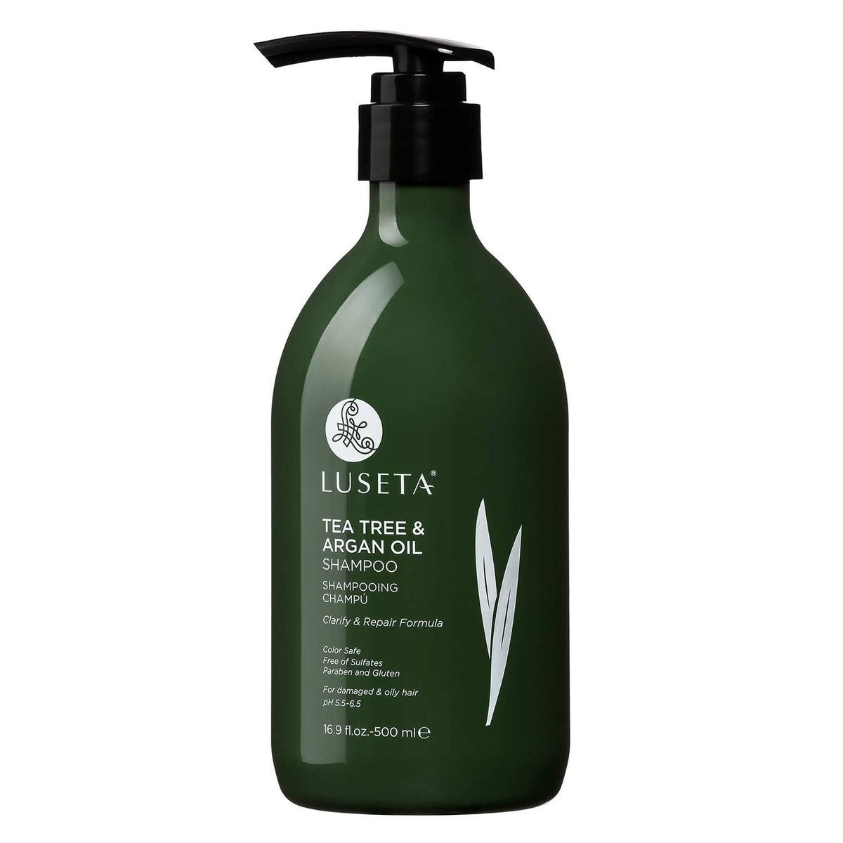 Luseta Tea Tree Shampoo bottle front highlights hydration and scalp clarity for damaged or oily hair