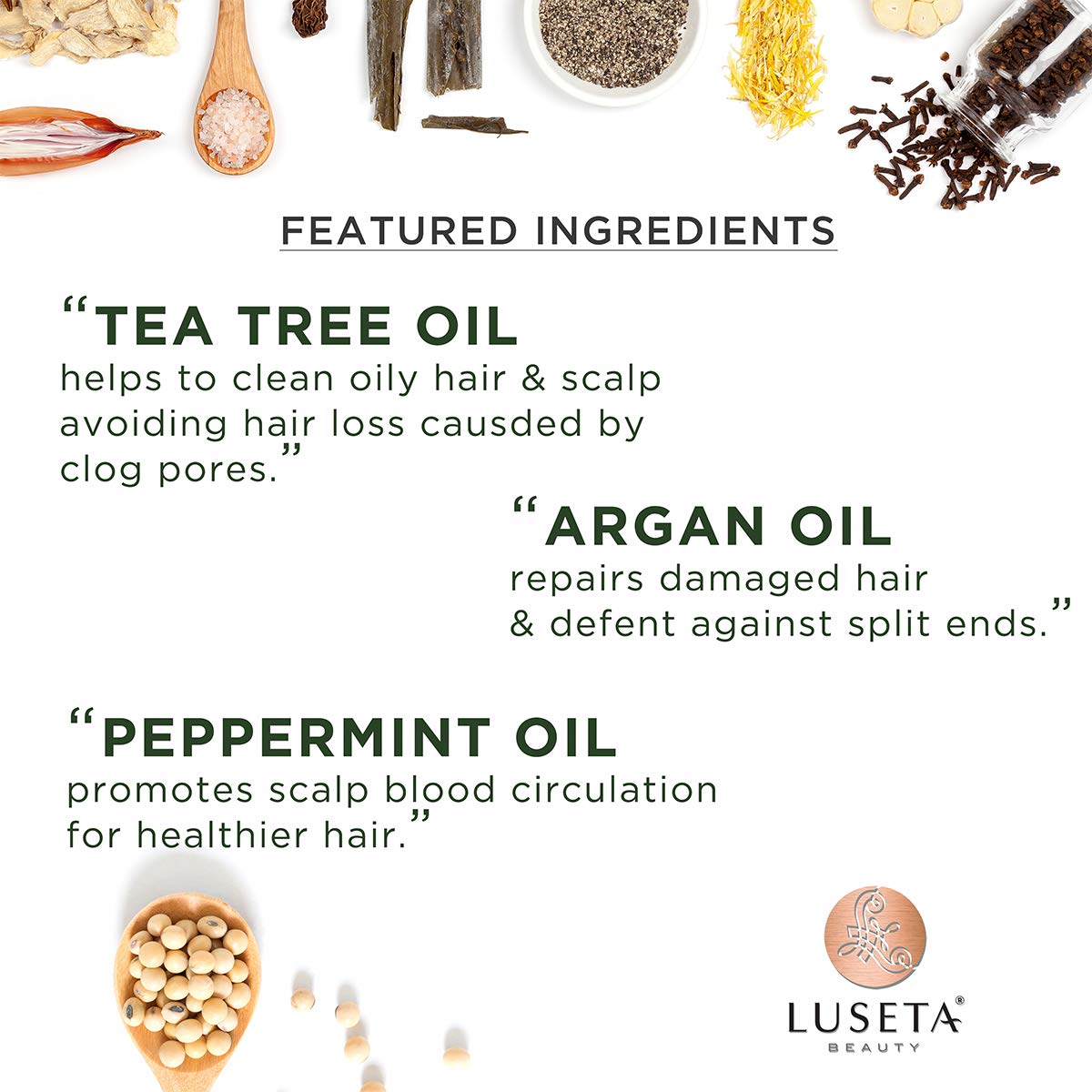 Luseta Tea Tree Shampoo bottle pour demonstrates easy application for a refreshing cleanse