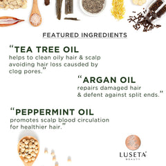 Luseta Tea Tree Shampoo bottle pour demonstrates easy application for a refreshing cleanse