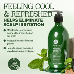 Luseta Tea Tree Shampoo ingredients panel highlights tea tree and argan oil benefits