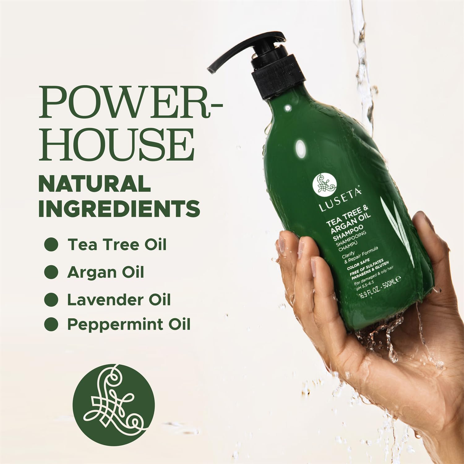 Luseta Tea Tree Shampoo lather closeup suggests a clarifying, rich foam