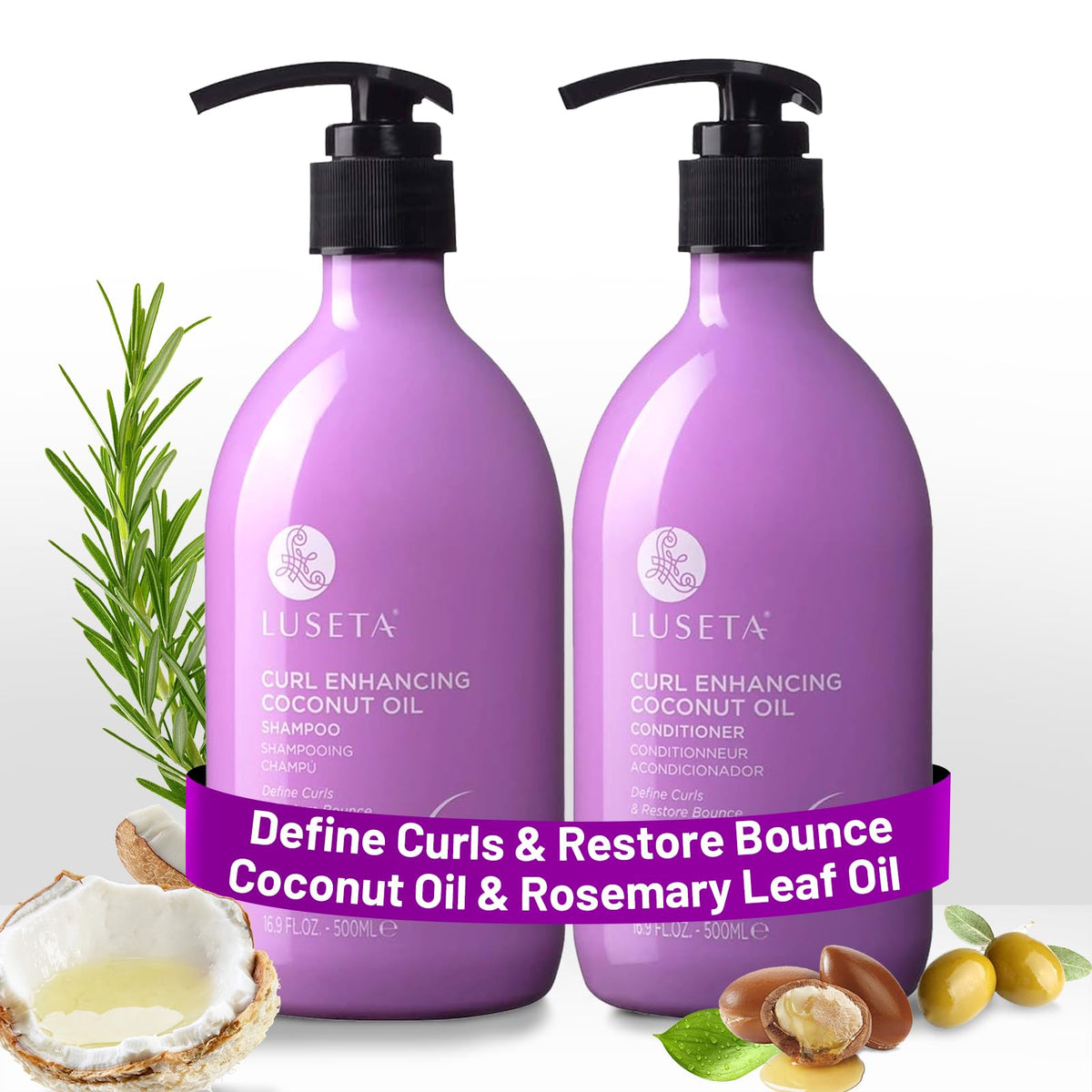 Luseta Curly Hair Shampoo bottle pouring, highlighting coconut oil for defined, frizz-free curls.